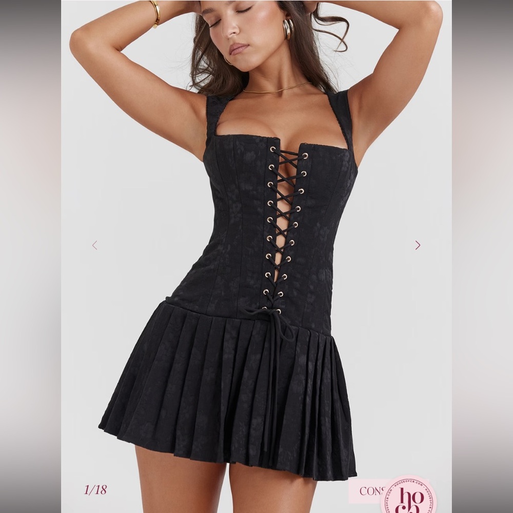 House of CB ‘Talia’ Black Lace-Up pleated Mini Dress
